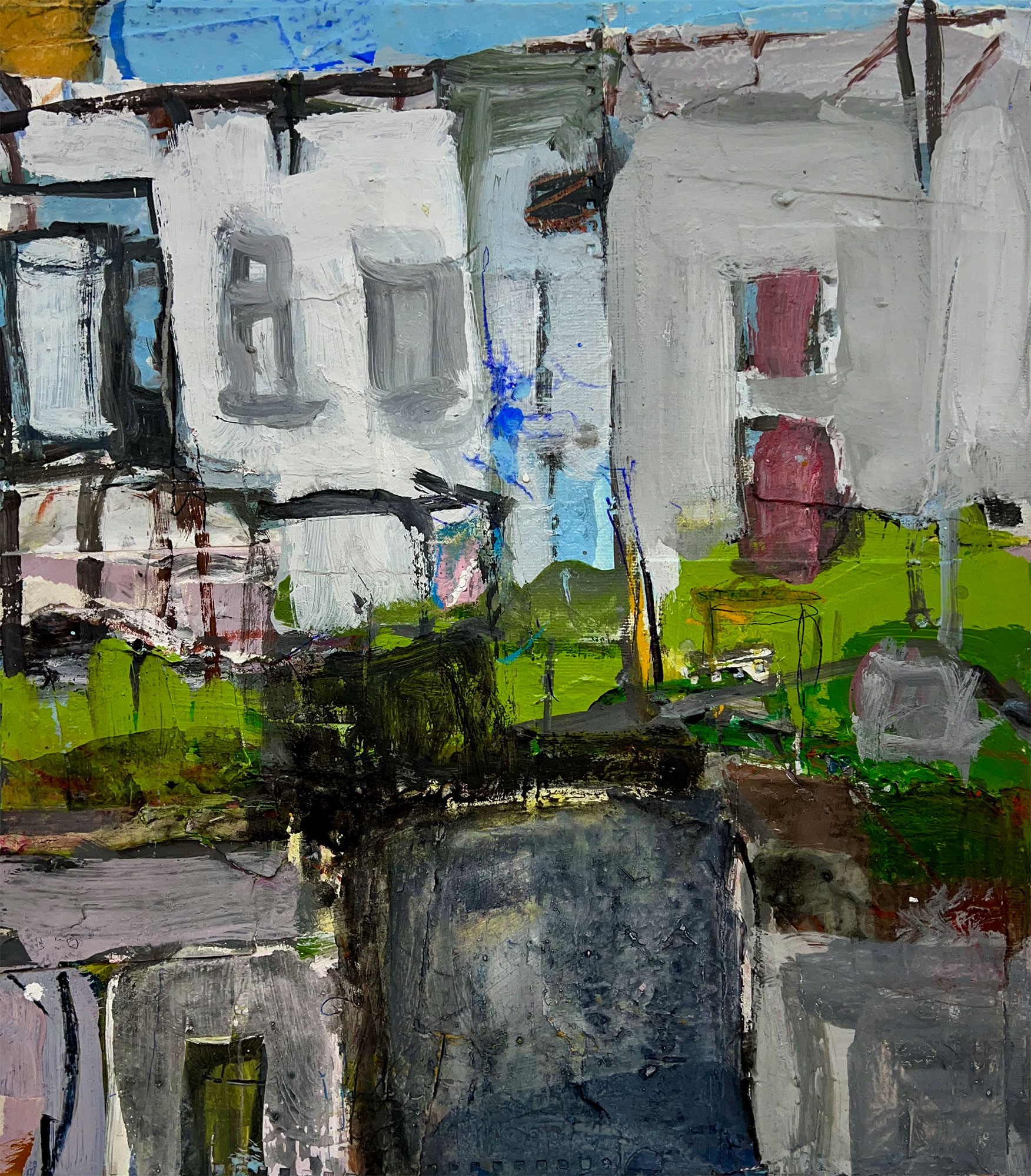 "Vorstadt" · 50 x 45 cm · Mischtechnik/Collage auf Leinwand · 2023